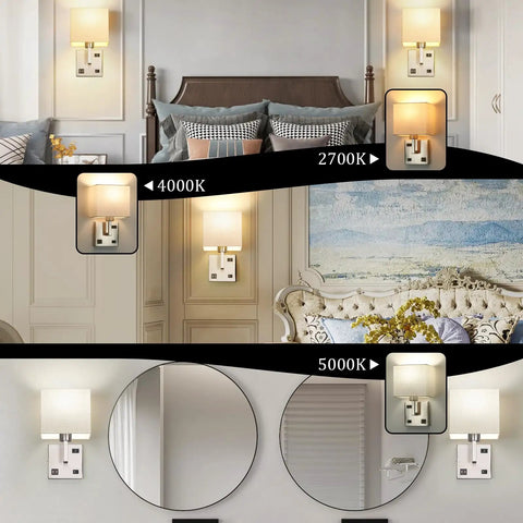 Set of 2 Wall Sconces With USB Port And AC Outlet, Nickel Finish Bedside Lamps, living room setup, 3 Color Temperatures demo