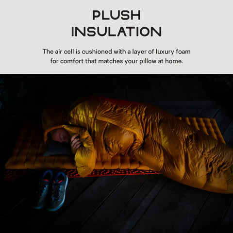 Camper resting with Fillo Backpacking And Camping Pillow With Integrated Stuff Sack Lightweight 3 Inch I Beam Air Cell head support.