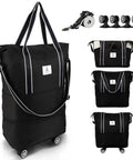 Arxus rolling duffle bag, black with white trim, expandable 25–55L, wheels, detachable shoulder strap, carry-on sleeve