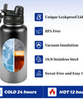 Bulk 8 Pack 32 Oz Double Wall Vacuum Insulated Stainless Steel Water Bottle With Leak Proof Flip Lid And Tote Handle, showing features like BPA free and vacuum insulation.