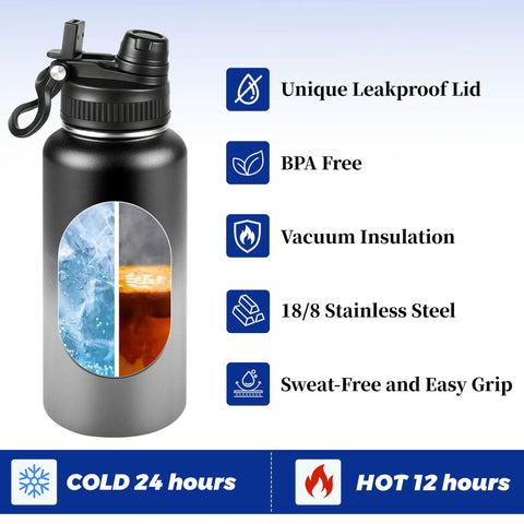 Bulk 8 Pack 32 Oz Double Wall Vacuum Insulated Stainless Steel Water Bottle With Leak Proof Flip Lid And Tote Handle, showing features like BPA free and vacuum insulation.