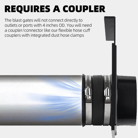 Four Inch Blast Gates For Dust Collection Systems And Vacuum Fittings shown connected with sliding valve via flexible hose cuff couplers