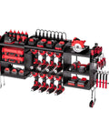 Power Tool Organizer With Charging Station And Eight Outlet Power Strip Three Tier Tool Rack With Eight Drill Slots And Side Hooks