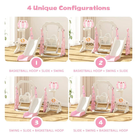 Tot Friendly Indoor Playground Set With Safe Plastic Slide Swing And Mini Basketball Hoop Adjustable Height For Toddlers Aged 1 To 3 with 4 configurations.