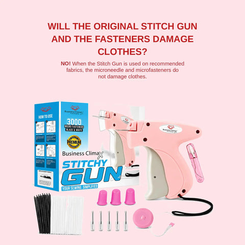 No Sweat Stitch Gun For Clothes Handheld Fabric Tacker Quick Fix Clothing Repair Hemming Kit with fasteners, needles, and tools.