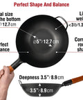 Flat Bottom Carbon Steel Wok Pan 11.8 Inch Pre Seasoned For Stir Fry And Outdoor Cooking shown with measurements and handle detail
