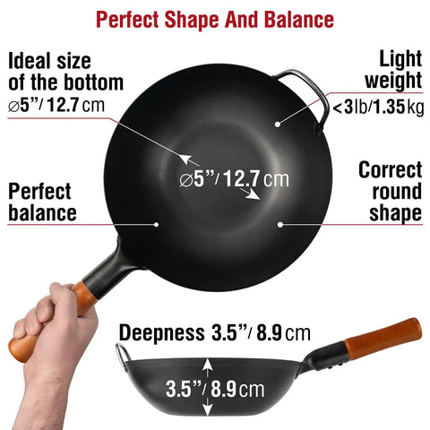 Flat Bottom Carbon Steel Wok Pan 11.8 Inch Pre Seasoned For Stir Fry And Outdoor Cooking shown with measurements and handle detail