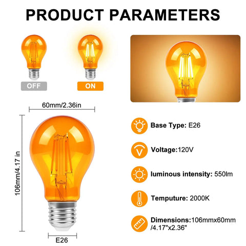 Amber Soft Warm LED Edison Bulbs 2000K 6W E26 A19 Replacement For 60W Equivalent Bedroom Lighting Sleep Friendly Baby Nursery