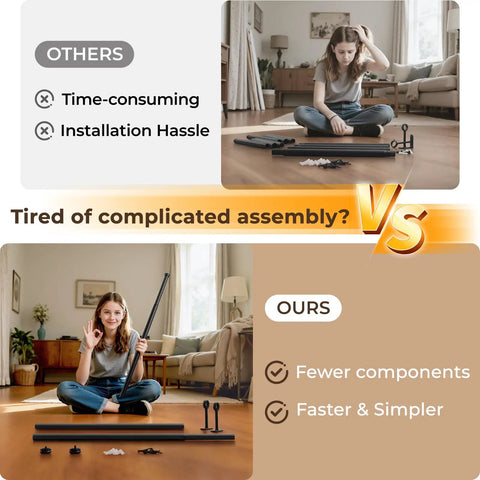Comparison of complicated vs easy assembly for Heavy Duty 1 Inch Curtain Rod For Windows And Patio - Adjustable Telescoping Steel Rod With Wall Or Ceiling Mount - Built To Last, Indoor Outdoor Ready, Black - 72 To 144 Inches - Handles Light To Heavy Curtains - Easy Install.
