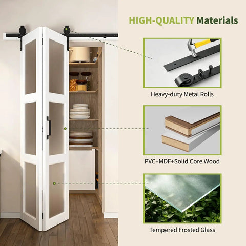 32 By 84 Inches Sliding Bifold Barn Door With Clear Glass Top Shelf Space Saving Interior Panel For Tight Spaces Bedroom Pantry Laundry Smooth Operator showcasing quality materials and features.