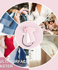 Handheld Stitch Gun For No Sweat Wardrobe Rescue Hella Fast Clothing Fixer With Six Fine Needles And Two Thousand Colorfast Clips For Effortless Patching, shown in a circular layout with various fabric items.