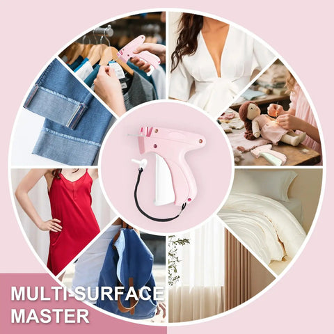 Handheld Stitch Gun For No Sweat Wardrobe Rescue Hella Fast Clothing Fixer With Six Fine Needles And Two Thousand Colorfast Clips For Effortless Patching, shown in a circular layout with various fabric items.