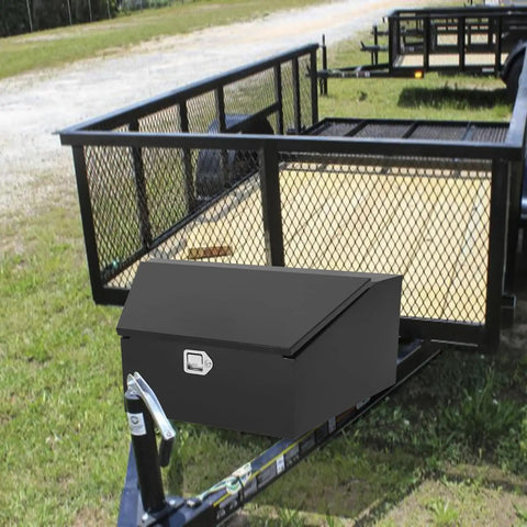 Heavy Duty Steel Thirty Six Inch Trailer Tongue Tool Box With Reinforced Lid mounted on a trailer, showcasing its durable design.