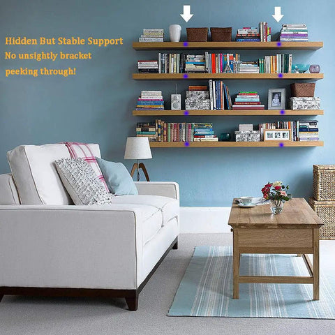 Living room with floating shelves using Heavy Duty Floating Shelf Bracket Set Of 6 Solid Steel Hidden Shelving Supports, concealed brackets