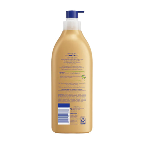 Back view of Game Changer Cocoa Butter Body Lotion 16.9oz tube showing the ingredients and benefits for dry skin.