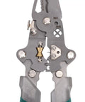 Close-up of 8.8 Inch Folding Wire Stripper Pliers with built-in voltage tester, showing hardened steel jaws and screwdriver features.