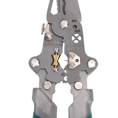 Close-up of 8.8 Inch Folding Wire Stripper Pliers with built-in voltage tester, showing hardened steel jaws and screwdriver features.