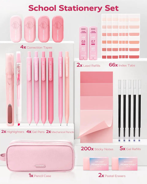 All In One Back To School Supplies Set With Case Including Black Ink Gel Pens, Correction Tapes, Pastel Highlighters, Mechanical Pencils