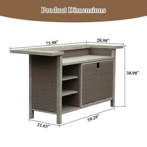 Outdoor Patio Bar Table With Aluminum Frame And PE Wicker Bar Cart Cabinet All Weather Storage dimensions illustration