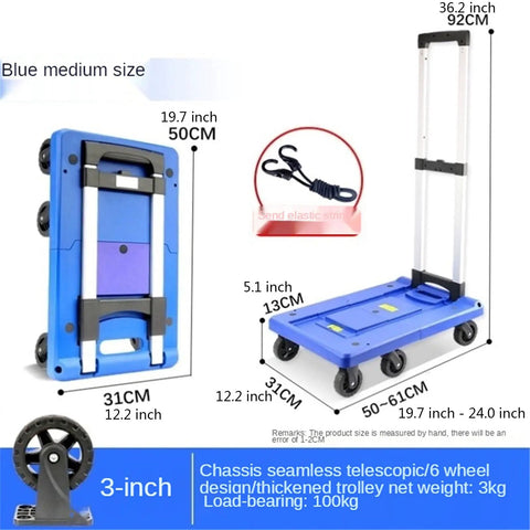 Heavy Duty Folding Platform Truck With Retractable Aluminum Handle And Sturdy Frame Smooth Riding Push Cart in blue, 50CM long, with 6 wheels.