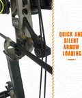 Whisker Biscuit Arrow Rest For Compound And Recurve Bows, quick loading illustration, camouflage finish, mounted on bow.