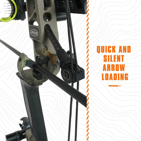 Whisker Biscuit Arrow Rest For Compound And Recurve Bows, quick loading illustration, camouflage finish, mounted on bow.