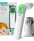 Touchless Ear and Forehead Infrared Thermometer for Kids and Adults With One Button Readout, 1 Second Measurement, Fever Alarm, Color Coded Backlight, Ear or Forehead Mode, 40 Memory Stores, FSA HSA Eligible, white handheld device with pouch