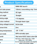 Product specifications for Four Pack IR Break Beam Sensor Kit With Through Beam Photoelectric Switches, 5V NPN Normally Open.