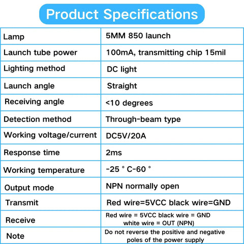 Product specifications for Four Pack IR Break Beam Sensor Kit With Through Beam Photoelectric Switches, 5V NPN Normally Open.