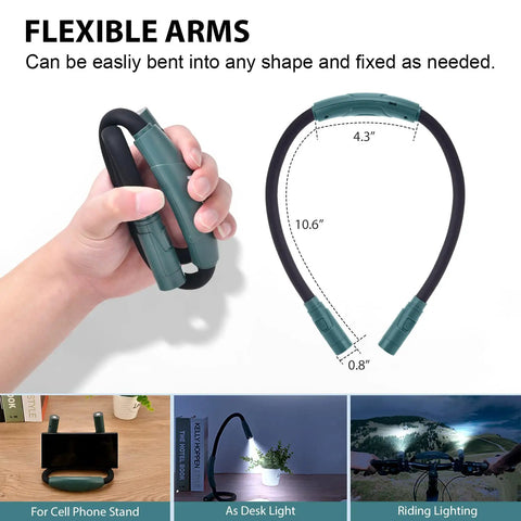 Neck Reading Light For Reading In Bed Hands Free With 6 Brightness Levels And 360 Degree Flexible Arms 80 Hour Rechargeable Book Light For Reading Knitting Camping Repairing Pink shown bending as cell phone stand, desk light, and riding light, illustrating flexible arm uses.