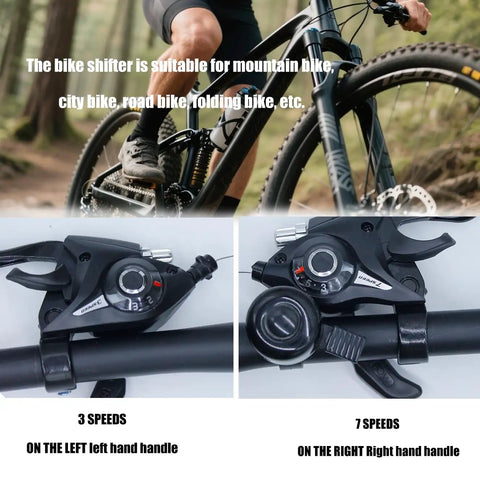 Sweet 21 Speed Bike Shifter And Brake Lever Set with Optical Gear Indicator showing left 3-speed and right 7-speed shifters on handlebars.