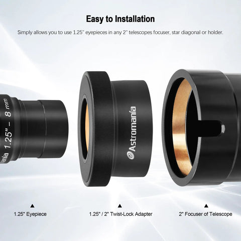 2 Inch to 1.25 Inch Eyepiece Adapter and eyepiece showing twist lock metal construction for telescopes with positive lock system