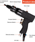 Pneumatic Rivet Nut Gun Kit With Self Locking Head And Adjustable Speed, Four Size Quick Change Heads For 10-24 1/4 5/16 3/8, Mandrels Included For Each Size side view showing switches and steel mandrel