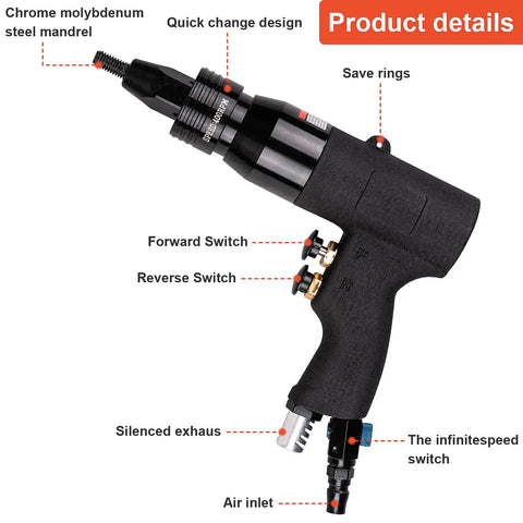 Pneumatic Rivet Nut Gun Kit With Self Locking Head And Adjustable Speed, Four Size Quick Change Heads For 10-24 1/4 5/16 3/8, Mandrels Included For Each Size side view showing switches and steel mandrel
