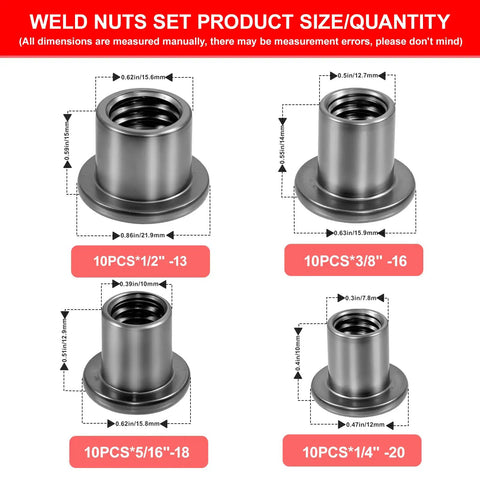 Image showing Top Shelf Heavy Duty T Shaped Weld Nuts Kit 40 Pieces Carbon Steel Weld On Fasteners in various sizes.