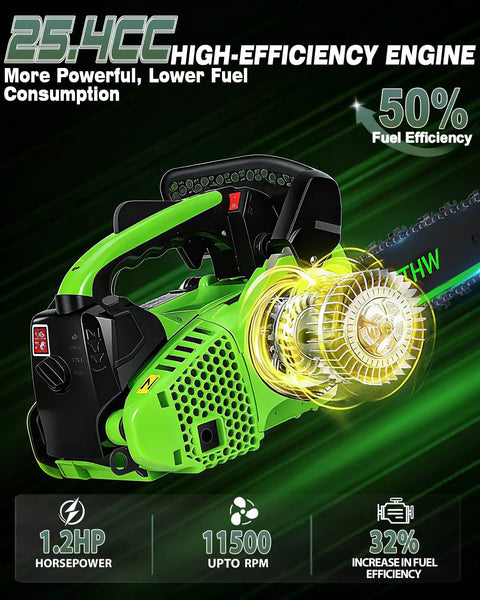 Top Handle Gas Chainsaw For Arborists, 12 Inch Pruning Saw With Lightweight 2 Stroke Engine, highlighting fuel efficiency