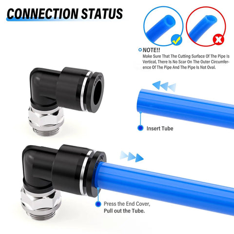 Beefy Heavy Duty Pneumatic Male Elbow Push To Connect Fittings 10mm Tube connection example with notes
