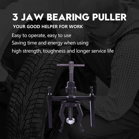 Three Jaw Inner Pilot Bearing Puller Beefy Heavy Duty Auto Bushing Carbon Steel Gear Extractor Tool shown in front of tire