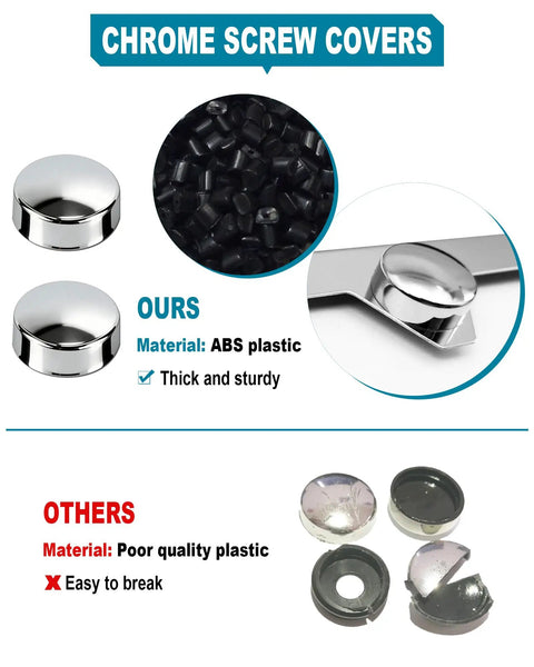 Chrome screw covers comparison; stainless steel license plate screws kit with M6x20mm hardware, nylon inserts, chrome caps and washers.