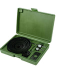 Jadever 16-piece bi-metal hole saw set in green case with blades and mandrels, front view.