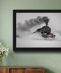Steam Locomotive In Snow Winter Train Framed Poster Canvas Print for Wall Art Rustic Industrial Aesthetic Dope Rail Scene Decor