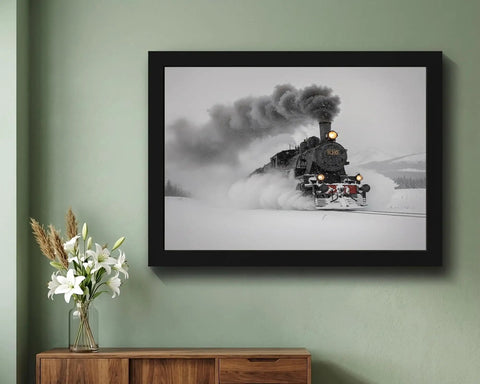 Steam Locomotive In Snow Winter Train Wall Art For Living Room And Bedroom Framed Poster Or Canvas Print Modern Eclectic Decor