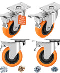 4 Inch heavy duty caster wheels with brakes, set of 4, dual pedal locking, swivel plate castors for carts, furniture, workbenches.
