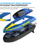 Exploded view of RC Boat With LED Light Modes, 2.4GHz Remote Control, Waterproof Hull for Pools and Lakes, Transparent Cover.