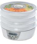 Smooth Operator Digital Electric Food Dehydrator With Stackable Trays, shown with colorful fruits on trays, compact size and digital controls.