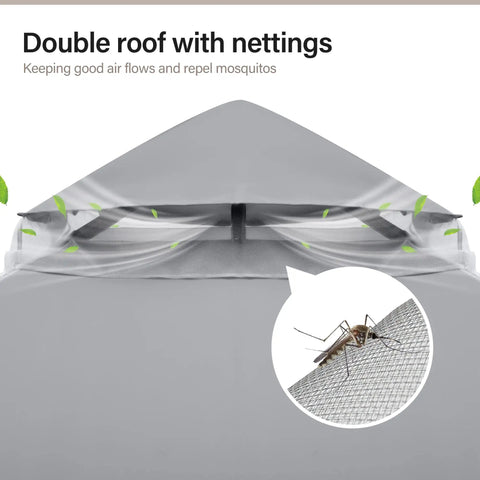 10x13 Outdoor Gazebo With Double Roofs Mosquito Netting And Privacy Screens Heavy Duty Metal Frame Wind Resistant Up To Level 6 Easy Set Up Patio Canopy Shelter For Backyard Garden Or Lawn Gray, focusing on double roof netting feature to repel mosquitoes.