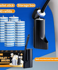 Disposable Toilet Brush With Holder And Extended Magic Wand Handle, 40 Replacement Sponge Heads depicted with packaging.