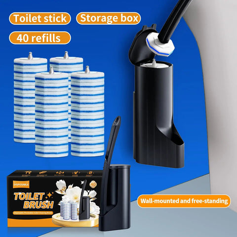Disposable Toilet Brush With Holder And Extended Magic Wand Handle, 40 Replacement Sponge Heads depicted with packaging.