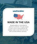Made in the USA sign with flag graphic, promoting American-made Weatherables vinyl products with a limited lifetime warranty.