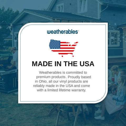 Made in the USA sign with flag graphic, promoting American-made Weatherables vinyl products with a limited lifetime warranty.